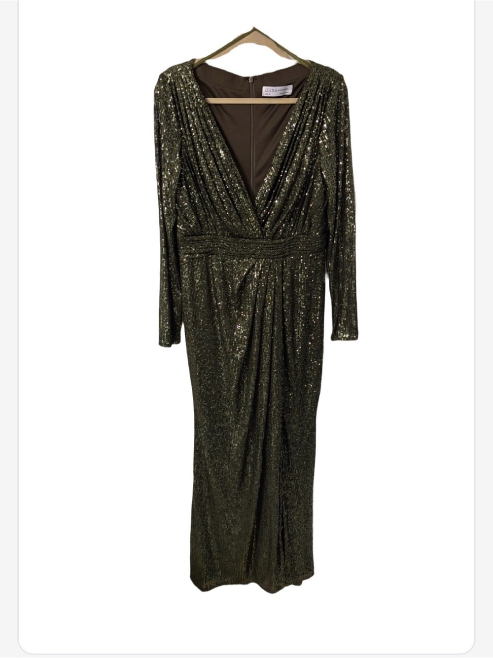Ieena for Mac Duggal Olive Green Sequin Long Sleeve Evening Gown